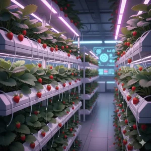 Fresh strawberries ripening in a stacked hydroponic tower or tray system, demonstrating water-efficient fruit production.