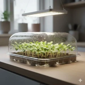 Young tomato seedlings placed in net cups under a humidity dome, ready to be integrated into the main indoor tomato growing system.