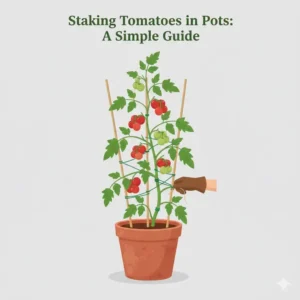 Step-by-step guidance on how to properly stake tall tomato plants that are among the best tomatoes for container growing.