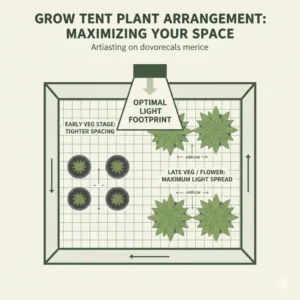 Illustration of optimal plant and pot arrangement for the best grow tent setup for beginners.