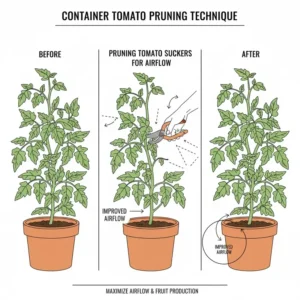 Step-by-step diagram illustrating the correct pruning technique for bush-type to maximize fruit production and grow the best container tomatoes.