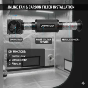 Inline exhaust fan and carbon filter setup for grow tent climate control