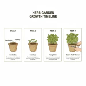 Infographic showing the growth timeline of an outdoor herb garden kit from germination to harvest.