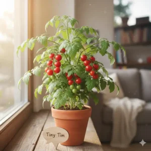 A productive Tiny Tim cherry tomato plant, a recommended determinate variety among the best tomatoes to grow indoors.