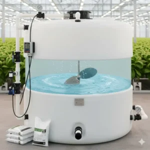 Large reservoir tank used for mixing and circulating the nutrient solution in a specialized hydroponic greenhouse.