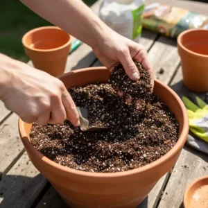 A gardener's hands mixing or filling a container with the ideal, well-draining potting mix specifically formulated for container-grown pot tomato varieties.