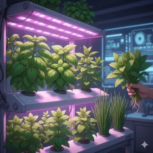 A selection of popular hydroponic vegetables and herbs, including basil, mint, and chives, ready for harvest.