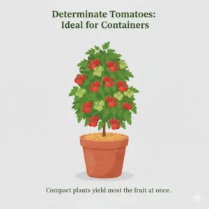 A bushy determinate tomato plant thriving in a large terracotta pot, indicating the type that works as the best tomatoes for container growing.