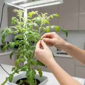 A hand gently pruning a sucker from a large tomato plant to maximize yield within the confined space of the indoor tomato growing system.