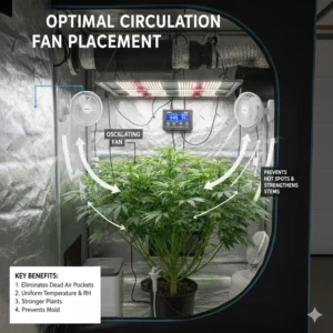 Oscillating fans used to improve internal grow tent climate control.