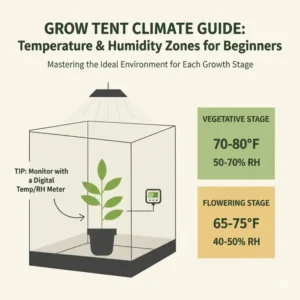 Chart displaying ideal temperature and humidity zones for the best grow tent setup for beginners.