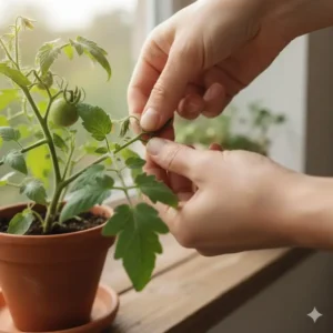 Properly pruning a tomato plant by removing a sucker to improve air circulation and concentrate energy on fruit production for the best tomatoes to grow indoors.
