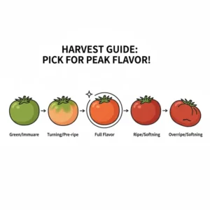 A simple guide showing the different stages of color development and when to harvest the best container tomatoes for optimal flavor.