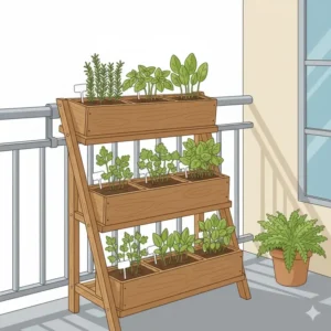 A space-saving vertical outdoor herb garden kit mounted on a balcony railing with various fresh culinary herbs.