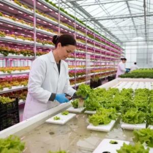 A worker harvesting fresh, soil-less lettuce from a floating raft system within the hydroponic greenhouse.