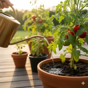 A visual guide demonstrating the correct deep watering technique for potted tomatoes to prevent blossom end rot in container tomato varieties.
