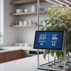 A digital display showing ideal temperature and humidity settings (e.g., 75°F and 60% RH) essential for the indoor tomato growing system.