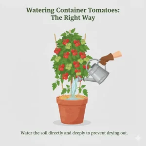 A hand applying water to the soil of a container plant, essential care for maximizing the yield of the best tomatoes for container growing.