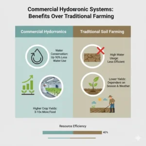 Infographic comparing water efficiency and crop yields of commercial hydroponic systems versus soil farming.
