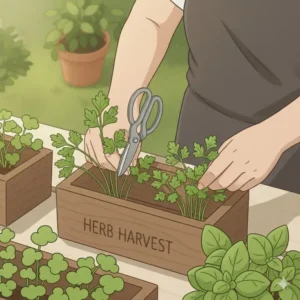 Someone using kitchen shears to harvest fresh cilantro and parsley from a mature outdoor herb garden kit.