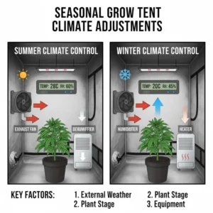 Adjusting settings for winter and summer grow tent climate control.
