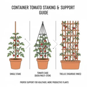 Comparison image of different support structures (stakes, cages) and how to properly support tall-growing plants to produce the best container tomatoes.