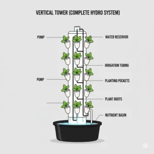 A space-efficient vertical tower complete hydro system designed for urban farming and high-yield harvests.