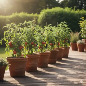 A row of happy, sun-drenched pot tomato varieties placed in a spot receiving at least six hours of direct sunlight on a patio or deck.