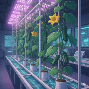 Long green cucumbers and zucchini growing vertically on a trellis, supported by a specialized hydroponic substrate.