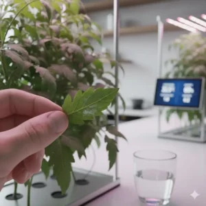 Careful inspection of a leaf, looking for signs of pests or nutrient deficiencies to maintain health in the indoor tomato growing system.