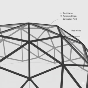 Detailed architectural illustration of a glass dome pergola showing the geometric steel framing.