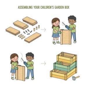 An instructional illustration showing how to assemble a small cedar childrens garden box with simple tools.
