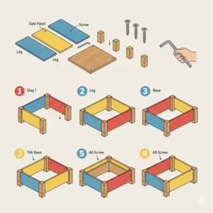 A step-by-step instructional diagram for assembling a DIY kids planter box kit.
