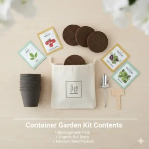 An overhead view showing all the components included in a complete container garden kit.