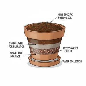 Detailed diagram showing the essential drainage layers for a healthy herb container garden setup.