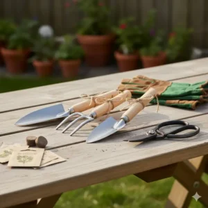 A collection of essential stainless steel hand tools included in a beginners garden kit.