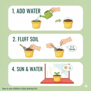 A step-by-step instructional guide on how to start using childrens plant growing kits for indoor gardening.