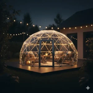 A durable winter igloo for outside placed in a snowy backyard during sunset.