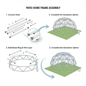 Step-by-step assembly guide for a DIY patio dome frame.