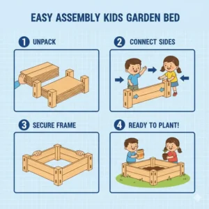 Step-by-step illustration showing how to assemble a tool-free kids garden bed kit.
