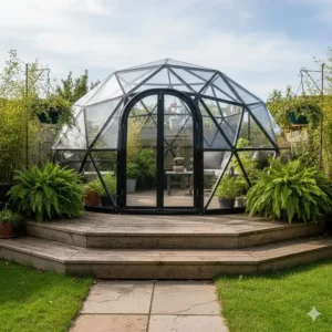 A classic garden igloo dome for outside placed on a wooden deck surrounded by plants.