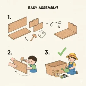 A simplified line drawing showing the step-by-step assembly of a cedar childrens planter box.