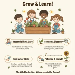 An infographic showing how a kids planter box helps children learn responsibility and science.