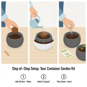 A step-by-step guide on how to plant seeds using a starter container garden kit.