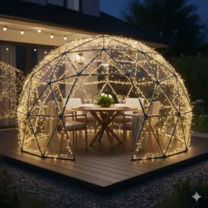 An illuminated nighttime backyard igloo for outside on a wooden deck.