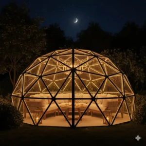 Night view of an illuminated glass dome pergola with warm lighting in a cozy outdoor lounge area.