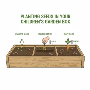 A diagram showing the correct planting depth for seeds in a childrens garden box.