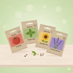 A variety of organic vegetable and flower seed packets from a gardening starter kit.