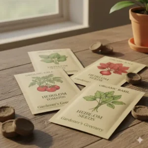 Heirloom vegetable seed packets and peat soil discs from an organic beginners garden kit.