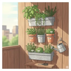 Illustration of a space-saving vertical herb container garden perfect for small apartment balconies.